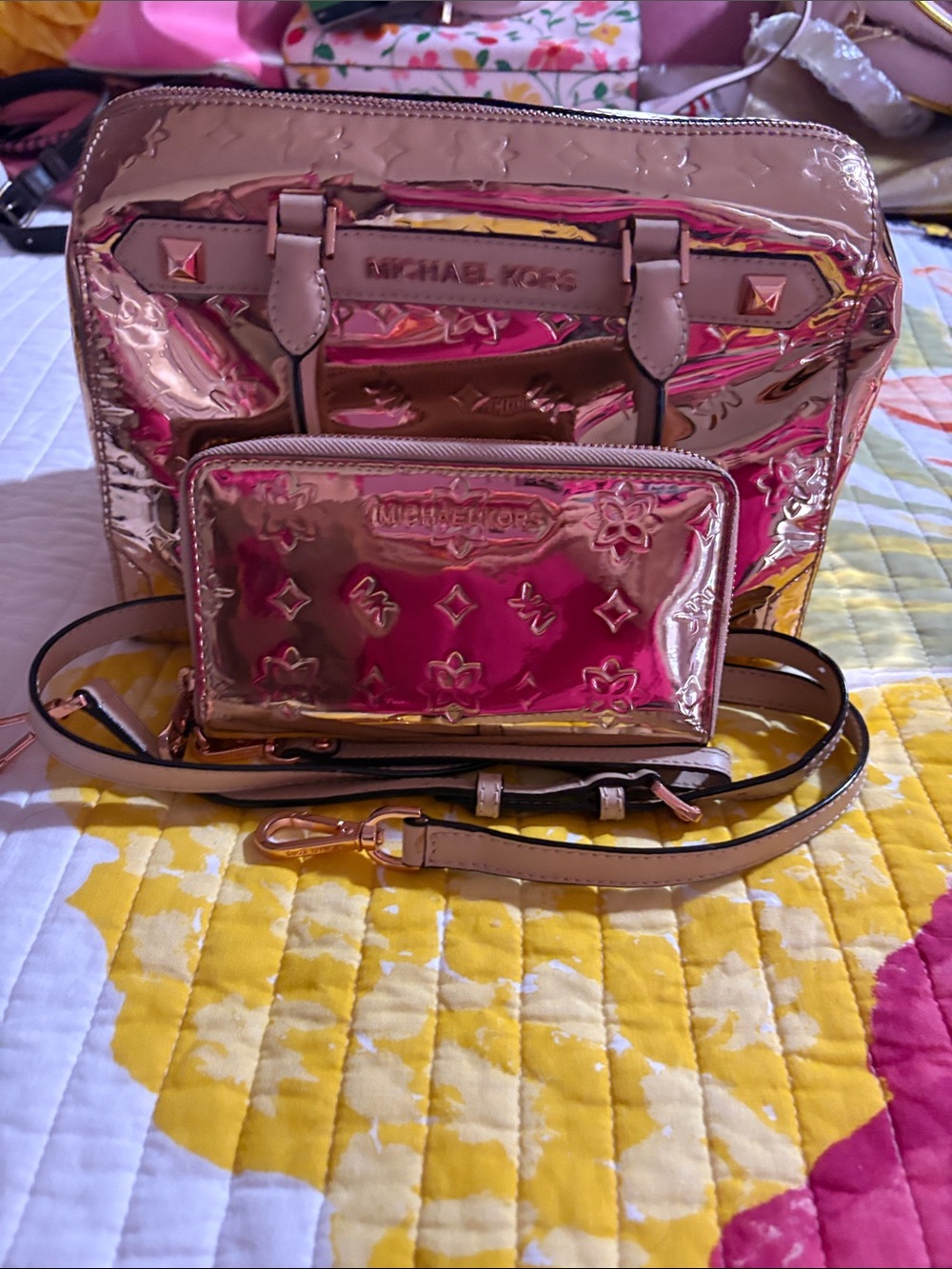 Michael Kors Metallic Rose Gold Crossbody with Matching Wallet